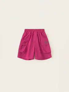 Vibrant rose purple kids cargo shorts with elastic waist and side flap pockets