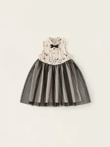 Girls New Chinese Style Sleeveless Dress Ink Print Mesh Puffy Skirt Viscose Nylon Blend Vintage Frog Button A-Line Dress
