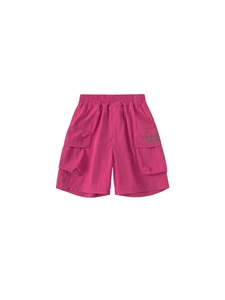Kids rose red cargo shorts with elastic waist and stylish side pocket embroidery