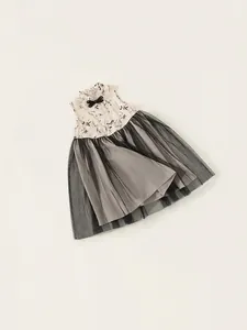Girls sleeveless summer dress with ink floral print, mandarin collar and mesh tutu skirt