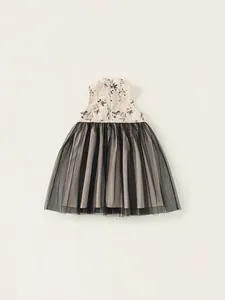 Girls' sleeveless Chinese style dress with ink flower print and black tulle mesh skirt