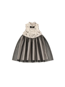 Girls sleeveless ink print dress with bow detail and black mesh tutu skirt in retro style