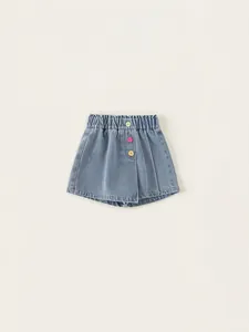 Gonna Pantalone in Denim Estiva per Ragazza in Misto Cotone Blu Chiaro Pantaloncini Casual Con Bottoni Colorati Vita Elastica Bambina Moda Gonna a trapezio