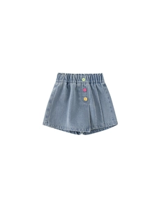 Gonna-pantalone in denim azzurro per bambine con bottoni colorati ed elastico in vita