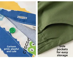 Detail of boys shirts with cartoon crocodile print and army green shorts with side pockets