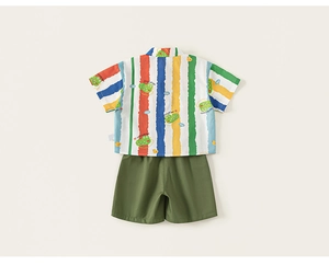 Detail of colorful striped boys shirt with cartoon prints and green shorts set