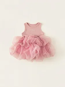 Girls Pink Princess Tutu Dress Sleeveless Mesh Patchwork Summer Party Dress Ribbed Knit Tutu Skirt For Toddler Children