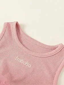 Pink ribbed sleeveless girl princess dress with high quality letter embroidery detail