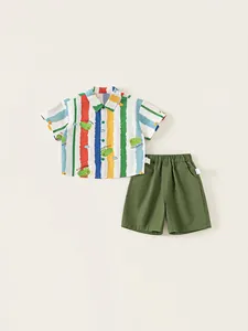 Boys Summer 100 Cotton Clothes Set Striped Short Sleeve Shirt And Shorts Cartoon Crocodile Printed Casual Outfits