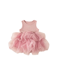 Sleeveless pink romper dress with ribbed knit top and layered tutu mesh skirt