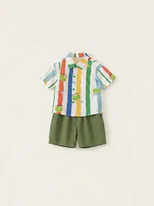 Kids colorful striped short sleeve shirt with crocodile print and matching green shorts set