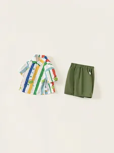 Boys summer cotton set with cartoon crocodile print shirt and olive green casual shorts