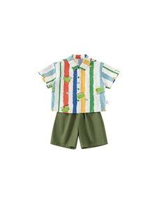 Boys summer set with colorful striped crocodile shirt and olive green shorts