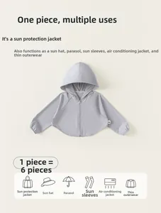 Détail de la veste de protection solaire gris clair à capuche avec icônes fonctions
