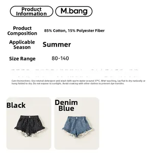 Detaillierte Stofftabelle für Mädchen-Denim-Shorts mit Polka-Dots und Rüschen in Blau