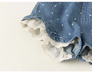Detail von Mädchen Denim-Shorts mit weißen Punkten und zarten Spitzenkanten am Saum