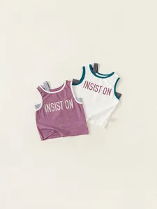 Débardeur sans Manches pour Filles Été Décontracté Bloc de Couleur Faux Deux Pièces Coton Imprimé Lettre T-Shirt Enfant