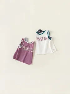 Ensemble de débardeurs sans manches pour filles avec bordure contrastée et imprimé coton