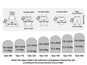 Detailed size chart for kids sleeveless vest showing measurements for heights 90 to 160 cm