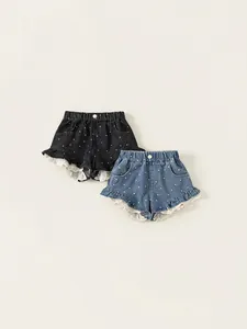 Mädchen Denim Shorts Mit Polka Dots Süßer Spitzenbesatz Rüschensaum Baumwollmischung Kinder Sommer Lässig Elastische Taille Jeans Shorts