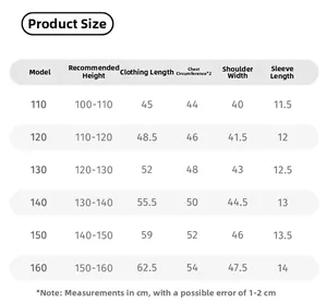 Size guide table for kids cartoon short sleeve shirt with detailed height and body measurements