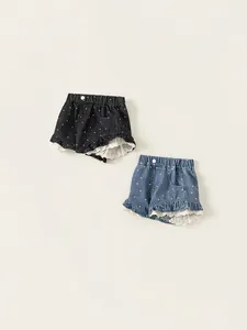 Polka-Dot-Jeansshorts für Mädchen mit süßem weißen Spitzenbesatz und Gummizug, zwei Farben