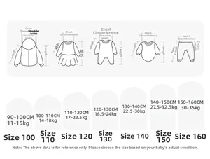 Detailed kids size chart with measurements for heights 90-160cm and weight guide