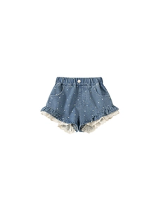 Mädchen Jeans-Shorts mit weißen Punkten, Rüschensaum und feiner Spitze Applikationen