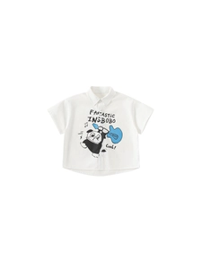 White short-sleeved polo shirt for boys featuring a cartoon dog playing guitar print