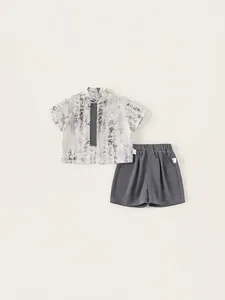 Vêtements d'Été pour Garçons Style Chinois Traditionnel Chemise à Manches Courtes à Motif Calligraphie et Short