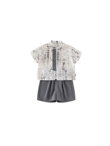 Tenue d'été enfant style chinois avec chemise imprimé calligraphie et short gris