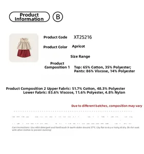 Detail view of the fabric composition label for the girls' floral top and red shorts set