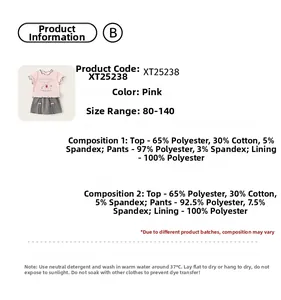 Detaillierte Größentabelle für Mädchen Sommer-Set mit rosa T-Shirt und grauem Rock