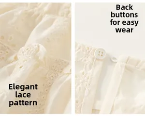Detailaufnahme der Hohlstickerei und des rückseitigen Knopfes am beigen Baumwollkleid