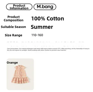 Detailed size chart for orange plaid cotton summer dress showing material and washing info