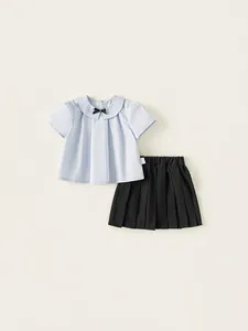 Tenue Style Preppy Fille Chemise à Manches Courtes et Jupe Plissée Haut en Coton Bleu Clair avec Nœud Papillon Mini-Jupe Noire Tenue d'Été