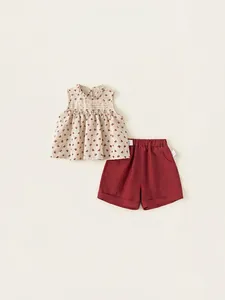 Girls Summer Sleeveless Ruffle Collar Floral Printed Top And Solid Color Shorts Clothing Set Pastoral Style Kids Outfit