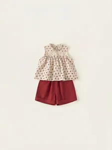 Girls summer two-piece floral sleeveless ruffle top and red cotton linen shorts set