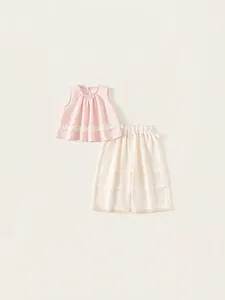 Tenues Décontractées d'Été pour Filles Haut Plissé Sans Manches et Pantalon Large en Dentelle Coton Rose Beige