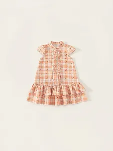 Girls Cotton Plaid Floral Dress Ruffle Tiered Summer Short Sleeve Standing Collar Sweet Pastoral Style Kids Clothes