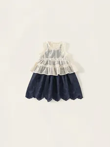 Girls Summer Sleeveless Hollow Out Floral Embroidery Ruffle Top Scalloped Edge Skirt Fashion Outfit For Toddler Kids