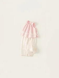 Haut de poupée rose sans manches avec fleurs 3D et pantalon large blanc pour filles