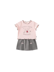 Mädchen Set mit rosa Hasen-Print T-Shirt und grauem Faltenrock für den Sommer