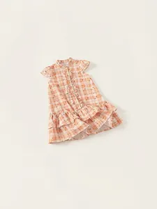 Girls plaid summer dress with floral patterns and ruffled collar in orange and white