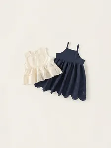 Girls summer two-piece set featuring hollow embroidery sleeveless top and navy blue dress
