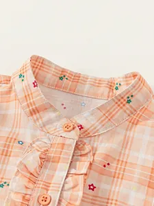 Kids orange plaid shirt dress with star print and ruffle collar details