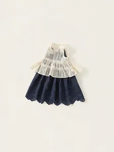 Girls summer two-piece dress set with lace hollow vest and navy blue floral skirt