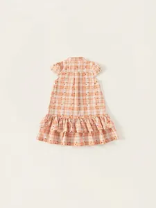 Girls' orange plaid short sleeve dress with floral print and tiered ruffle hemline