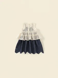 Girls summer two-piece outfit with white lace tank top and navy blue hollow embroidered skirt
