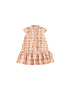 Girls orange plaid floral summer dress with ruffled collar and double-layer hemline